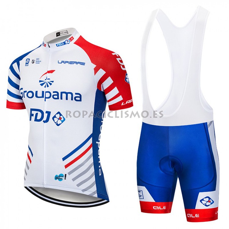 2018 Maillot FDJ Tirantes Mangas Cortas Blanco y Azul